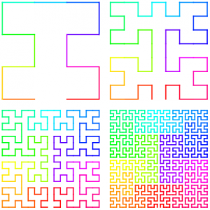 Moore curve: stages 1 through 4 (rectangular 2-dimensional fractal)