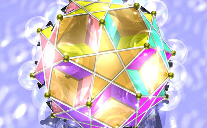 DodecaDodecaHedron with small gold spheres at vertices, silver cylinders on external edges