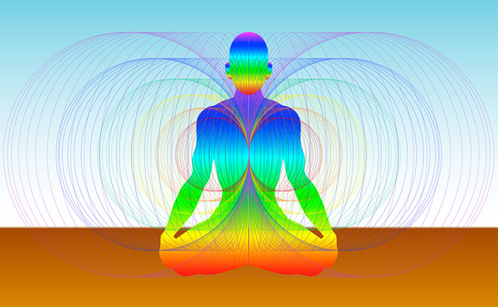 Nested Toroidal Fractal and silhouette of meditator in Lotus Position with rainbow lines and gradients